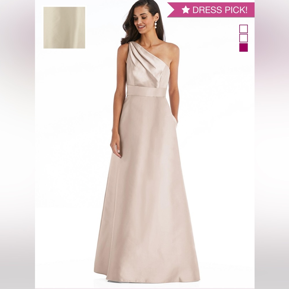 Alfred Sung One shoulder Bridesmaids Dress. Champagne Satin Twill